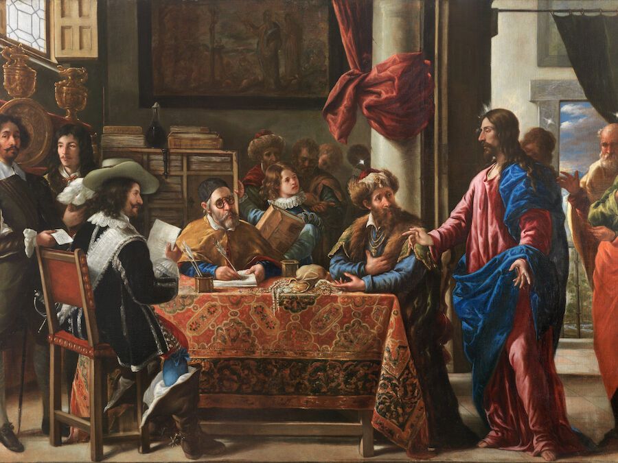 Juan de Pareja (Spanish, ca. 1608–1670). The Calling of Saint Matthew, 1661. Oil on canvas, 88 1/2 in. x 10 ft. 8 in. (225 x 325 cm). Museo Nacional del Prado, Madrid (P001041). Photo: © Photographic Archive Museo Nacional del Prado