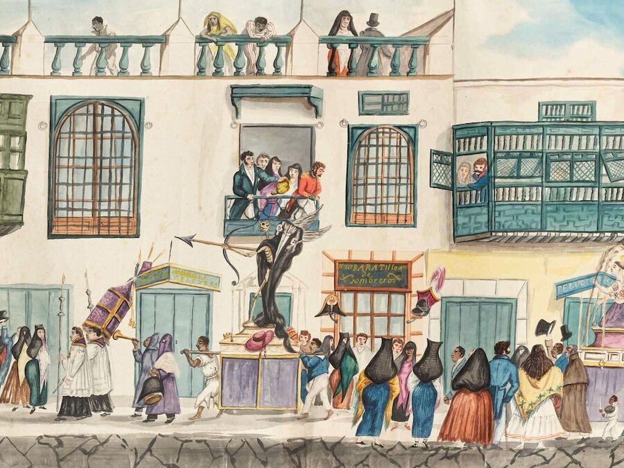 “Pancho” Fierro (Francisco Fierro Palas, Peruvian, 1807/09–1879), Holy Week Procession on the Calle de San Agustín, Lima (detail), 1830s, watercolor on paper, 44.5 × 475 cm, The Hispanic Society of America, New York (A1585)